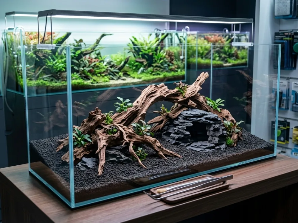 Premium aquarium setup with ornamental fish and aquatic plants