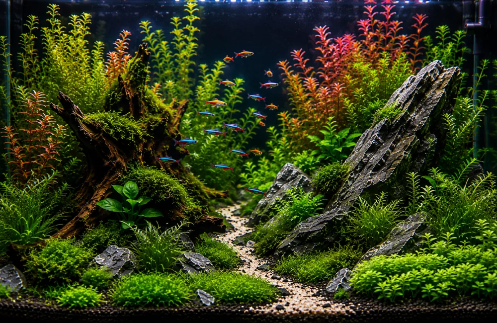Healthy aquatic plants inside a planted aquarium